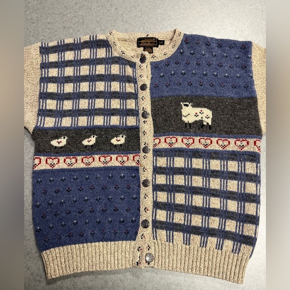 VTG Eddie Bauer Sheep Cardigan Wool Fair Isle Heart Nordic Cottagecore—Large - Picture 3 of 14